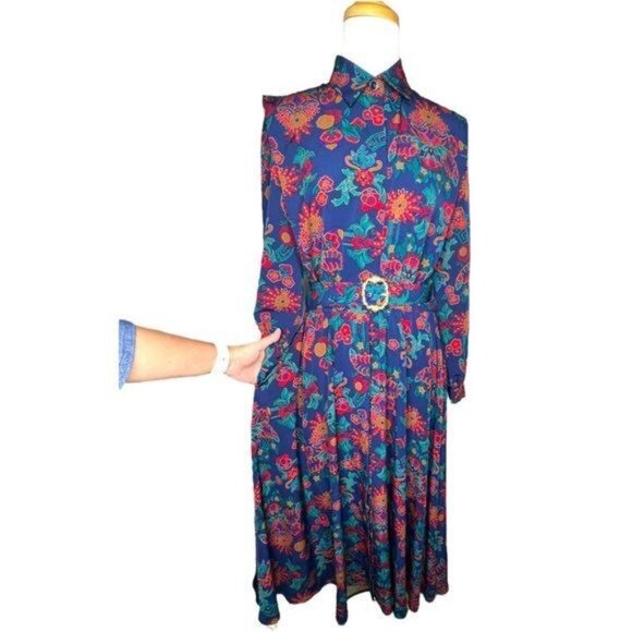 Schrader Long Sleeve 80s Floral Shirt Belted Dress With Jewel Button Cuffs Sz 8 - Picture 6 of 16